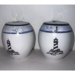 Coastal Lighthouse Salt Pepper Shakers Stoneware Vintage 4” Oval  Beach Decor